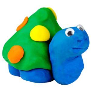 blue turtle made of playdough with a green shell and colorful dots