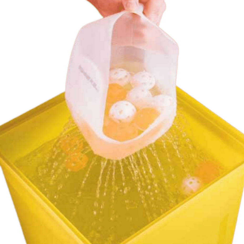 plastic container scooping water and dumping it into a yellow bin filled with water