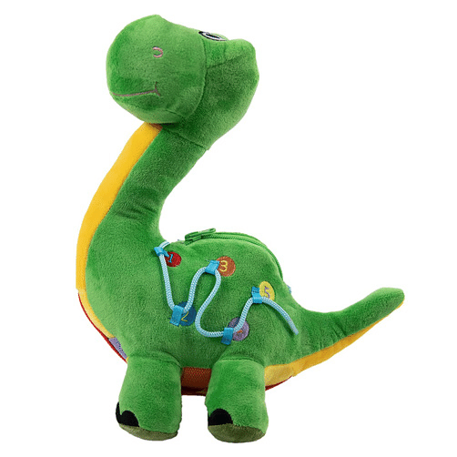 Green dinosaur Busy Bee Lacing Sensory Activity showing lacing through loops numbered one to five used to prepare fine motor skills needed for back to school