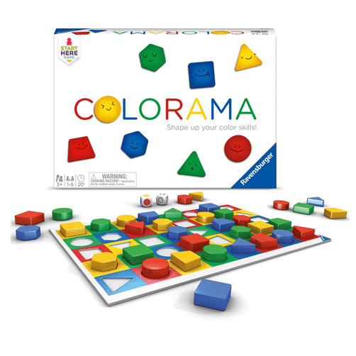 The box and game board for the game Colorama with red green yellow and blue game pieces in various shapes used to teach colors for back to school success 