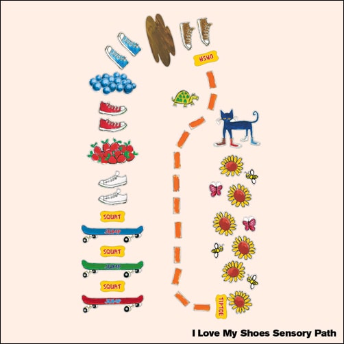 sensory movement path with skateboard, shoe, fruit, lines, and flowers