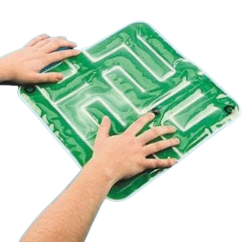 Green gel filled tactile sensory tool  with fingers pushing small black chips inside the gel pad through a maze