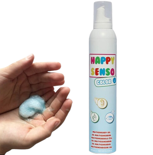 Happy senso tactile sensory gel in 
 a bottle and sensory gel in the palm of two hands 