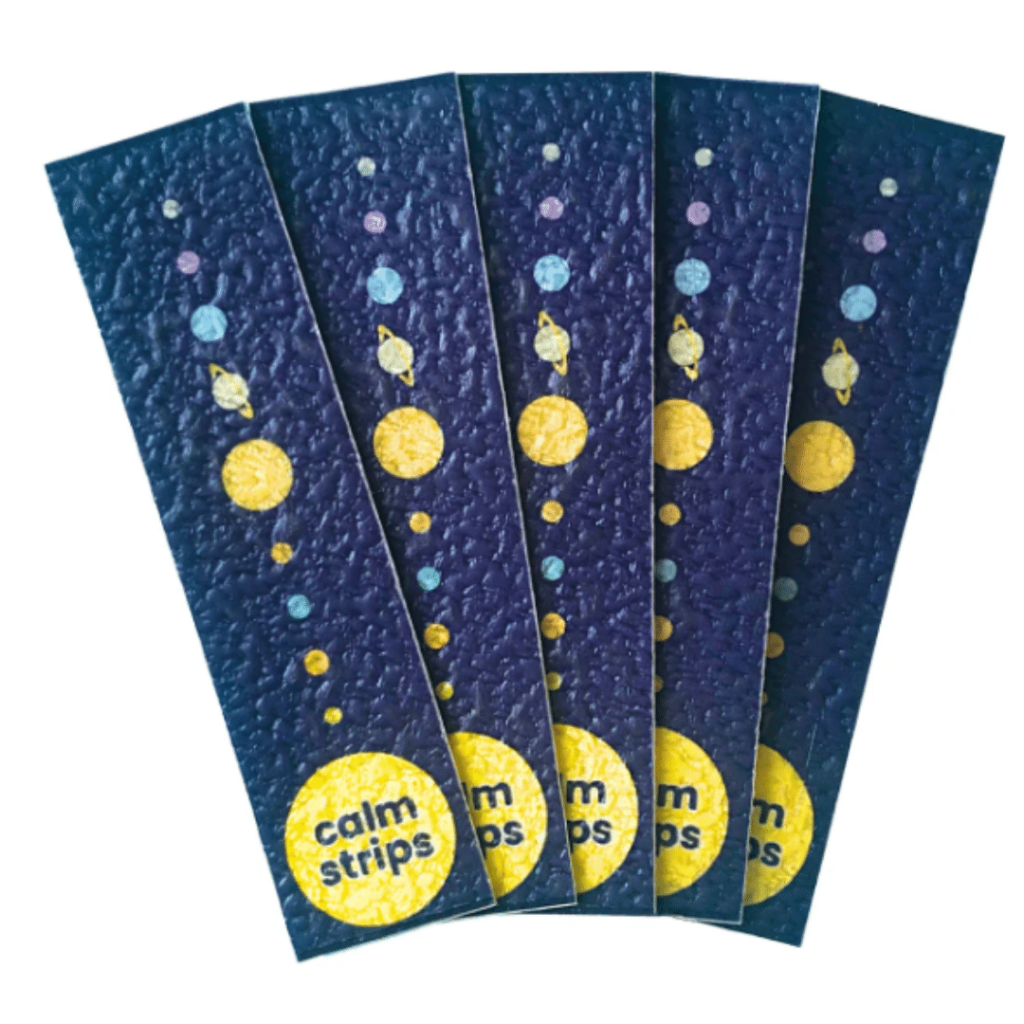 The system calm strips, five rectangular strips with dark blue background and the planets arranged in a line