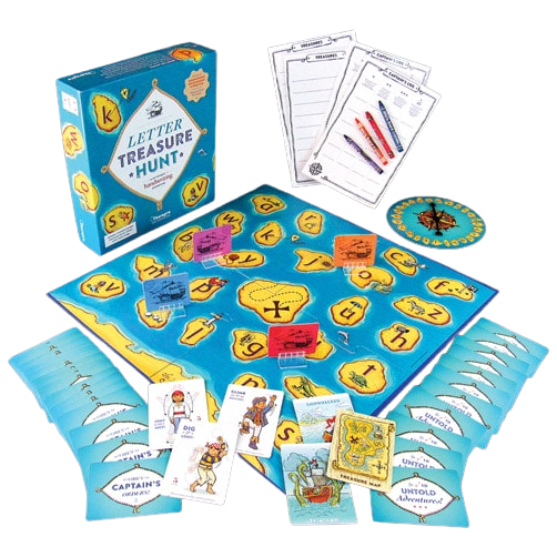 Letter Treasure Hunt game contents including keyboard playing cards wipe off boards Spooner and crayons