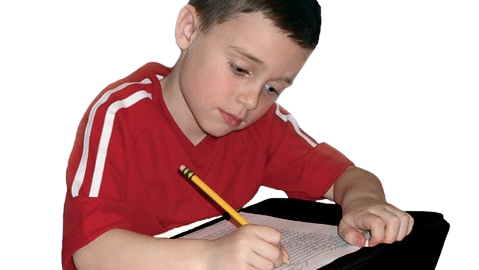 Boy holding a pencil and writing using a slant board to assist