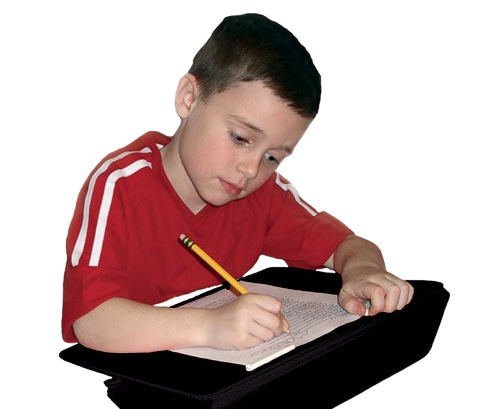 Boy holding a pencil and writing using a slant board to assist