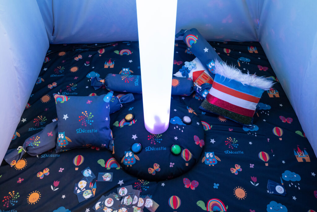 SENcastle a versatile sensory solution with 6 sensory cushions and a central light column 